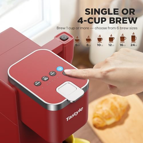 Image of Tastyle 330MF Single Serve Coffee Maker with Built-in Detachable Milk Frother, Iced and Hot Coffee Machine for K Cup & Grounds, 40oz Removable Water Reservoir, 6 Cup Sizes, Fits 7.3 inch Travel Mug, Red