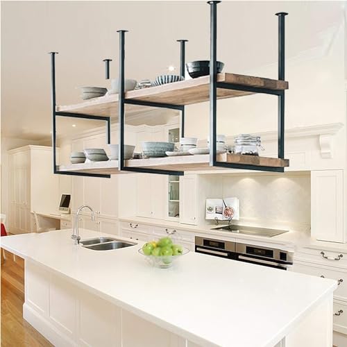 HDDNMLOH Vintage Iron and Solid Wood Wine Rack with 2Tier Hanging Shelves for Restaurant Bar and Kitchen Decor Easy to Install Ceiling Storage Shelves