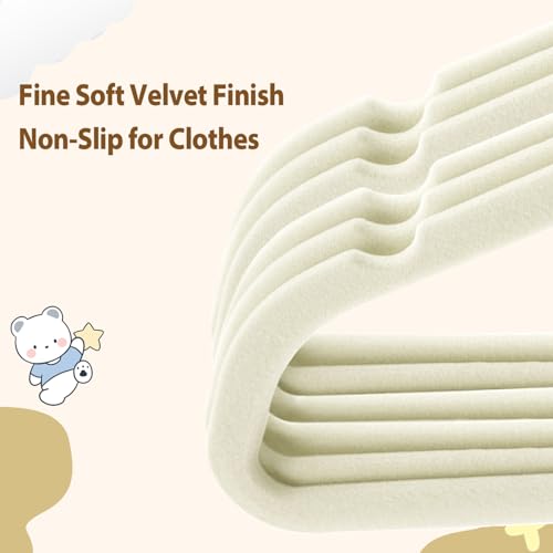 Wellong Baby Velvet Hangers, 52 Pack Kids Clothes Hangers with Non-Slip Shoulder Notches, Storage Organizer for Infant and Toddler Cream (Rose Gold Hook)