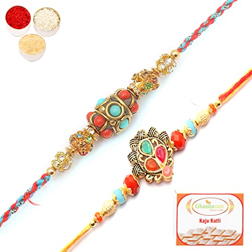 Ghasitaram Gifts Rakhi for Brother Rakhis Online – Set of 2 Beautiful Colours and Blue Ethnic Premium Rakhis with 400 gms of Kaju katli Ghasitaram Gifts Rakhi for Brother Rakhis Online – Set of 2 Beautiful Colours and Blue Ethnic Premium Rakhis with 400 gms of Kaju katli