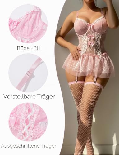 FEOYA Sexy Dessous Sets für Damen Spitze Babydoll und Höschen Strümpfe Corsage Curvy Teddy Bodysuit V-Ausschnitt Unterwäsche Lingerie Spitze Reizwäsche 3-teiliges – Bild 4
