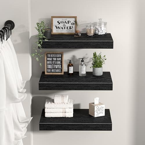 Image of QEEIG 10 inch Deep Floating Shelves for Wall - 10 x 16 inch Book Shelf Bathroom Bedroom Kitchen Living Room Hanging Bookshelf Farmhouse Set of 3, Black (025-40B3)