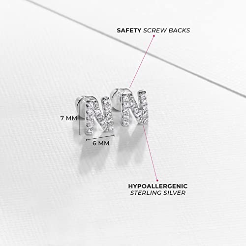 925 Sterling Silver Initial"M" Clear Cubic Zirconia Alphabet Letter Screw Back Earrings for Girls and Teenagers - Dainty and Sparkling"M" Initial Earrings for Young Girls Sensitive Ears4