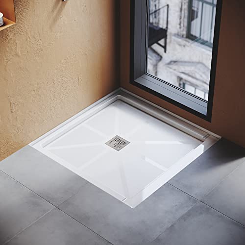 Ziocceh 36" L X 36" W X 4" H Center Drain Shower Pan Single Threshold Anti-Slip Acrylic Shower Base White With Brushed Nickel Cover #TOP7
