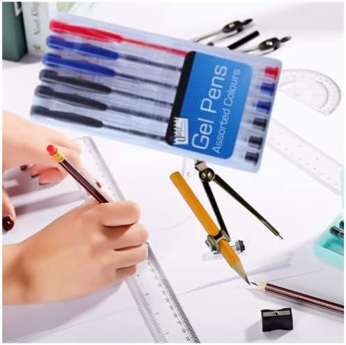 Mathematical Set & Stationery Supplies - 22 Pcs Geometry sets for secondary school with Geometry compass sets, protractor set, set squares, mechanical HB pencils, gel pens in black, red, blue, eraser