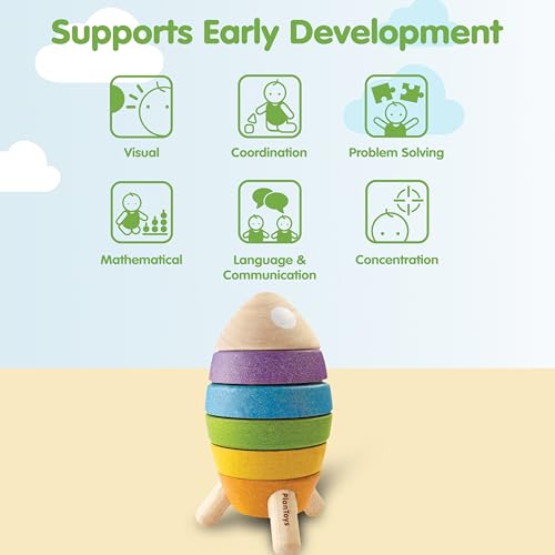 Image of PlanToys Wooden Stacking Rocket Toy for Toddlers | Montessori Educational STEM Learning Toy | Colorful Wooden Rocket Ship Stacker for Fine Motor Skills, Problem Solving, Preschool Gift