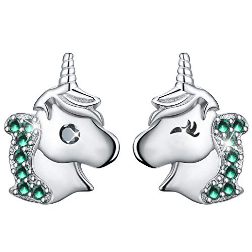 Winglove✦Cadeau Noel Femme✦Bijoux Femme, Boucles d'oreilles en argent sterling 925 plaqué or 14K Licorne avec boucles d'oreilles asymétriques en zircone cubique Cadeaux pour les enfants.(Green)