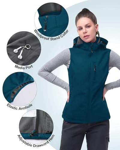33,000ft Damen Softshell Westen mit Abnehmbare Kapuze Fleece Gefütterte Ärmellose Jacke Wasserdichte Winddichte Sportwesten Vest mit 5 Taschen für Reiten Laufen Wandern Keramik Blau M