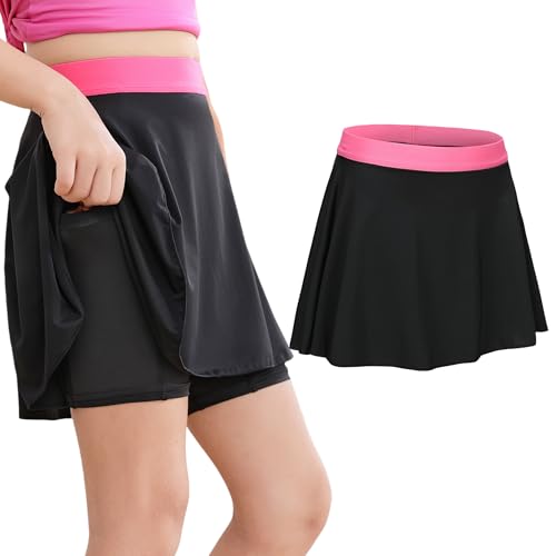 Image of Girls' 2-in-1 Flowy Butterfly Shorts with Pockets - Athletic Dance & Running Shorts Red Vaist for Ages 8-9