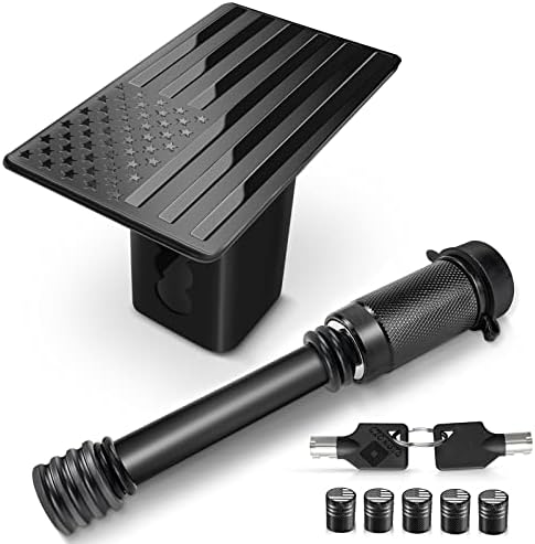 Heavy American Flag Metal Trailer Hitch Cover for 2 Inch Receivers, with 5/8 Inch Pin Diameter Trailer Hitch Lock(with American Flag Valve Stem Cap 5pcs)