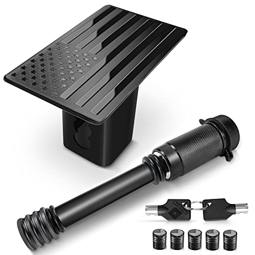 Heavy American Flag Metal Trailer Hitch Cover For 2 Inch Receivers, With 5/8 Inch Pin Diameter Trailer Hitch Lock(With American Flag Valve Stem Cap 5Pcs) #TOP21