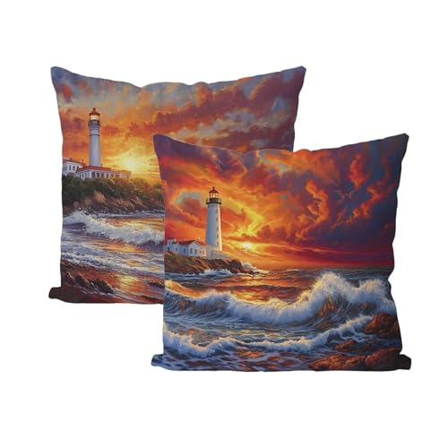 Sonnenuntergang Outdoor Kissen 4er set Wasserdichte Kissenbezug 60x60 Wasserfest Atmungsaktiv Outdoorkissen Wellen Kissenbezüge Dekokissen Sofakissen für Garten Outdoor Wohnzimmer Balkon Deko B4-579