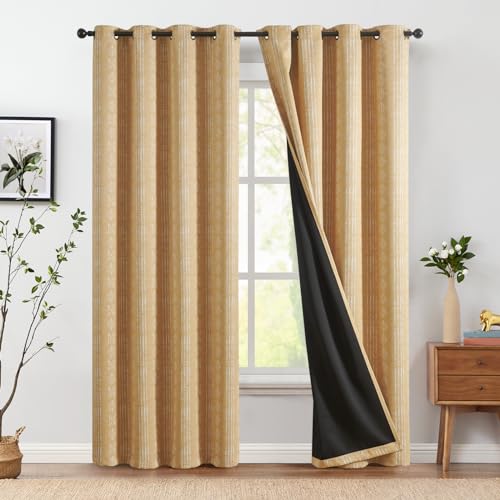 Image of jinchan 95% Blackout Boho Curtains 84 Inches Long for Bedroom Mustard Yellow Geometric Printed Grommet Top Room Darkening Thermal Insulated Window Drapes 2 Panels