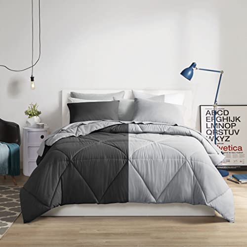 Image of Comfort Spaces Vince Reversible Bed In A Bag - Trendy Casual Geometric Quilted Cover, All Season Down Alternative Cozy Bedding, Matching Sham, Black /Gray, Queen 9 piece