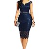 Women's Elegant Fixed V-Neck Classic Floral Lace Bodycon Cocktail Lace Dress (931B-1-3 Navy, L)