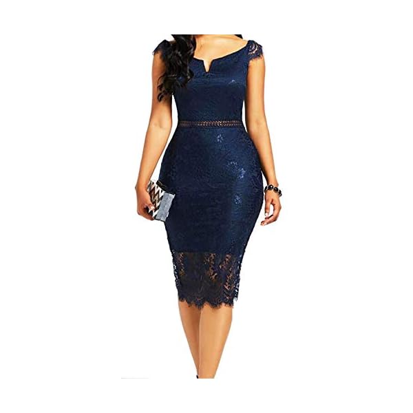 Women's Elegant Fixed V-Neck Classic Floral Lace Bodycon Cocktail Lace Dress (931B-1-3 Navy, L)