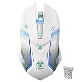 White Wireless Gaming Mouse, VEGCOO Silent Click Wireless Rechargeable Gaming Mouse with Colorful LED Lights and 3 Level DPI for Laptop and Computer (White)