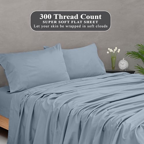 Image of Royale Linens 300 Thread Count 100% Long Staple Combed Cotton Flat Sheet - Super Soft - Top Sheets - King Flat Sheet Sold Separately - Breathable, Cool & Crisp Percale Sheets Only (King, Lake Blue)