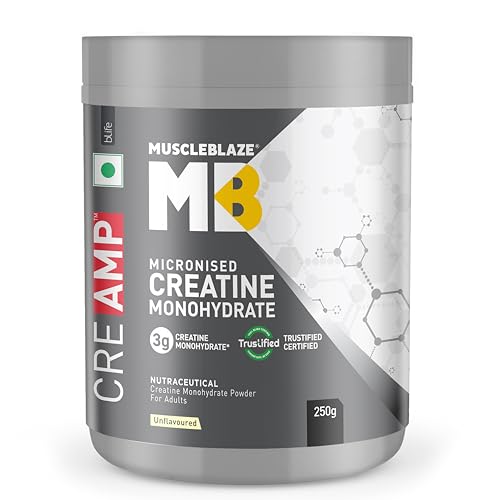 Image of MuscleBlaze Micronised Creatine Monohydrate CreAMP Powder, Unflavoured (80 Servings, 250g) | Trustified Certified Creatine