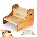 StrongTek Kids Wooden Step Stool with Storage & Alphabet Blocks, 2-Step Pine Design with Non-Slip Pads, Hidden Toy Compartment, DIY Letter Play for Toddlers in Bathroom, Bedroom or Kitchen