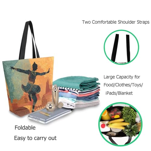 Indian Ethnic Dancing Man Extra Large Canvas Gym Shoulder Tote,Durable Daily Reusable Top Handle Bag for Mens Womens Yoga Weekender Picnic Beach Travel Market Shopping2