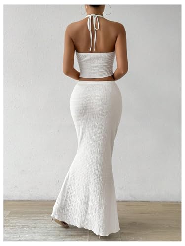 SHENHE Women's Sexy 2 Piece Outfits: White Twist Front Halter Crop Top & Bodycon Maxi Skirt Set - X-Small - Image 2