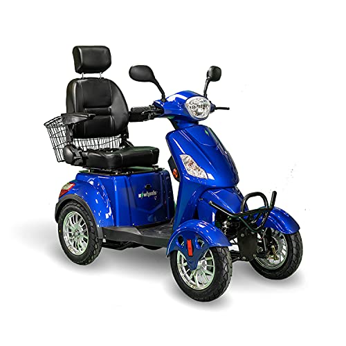 EWheels EW-46 4 Wheel Bariatric 3 Speed Travel Electric Battery Powered Medical Mobility Recreational Scooter with Adjustable Seat and Rear Basket Blue