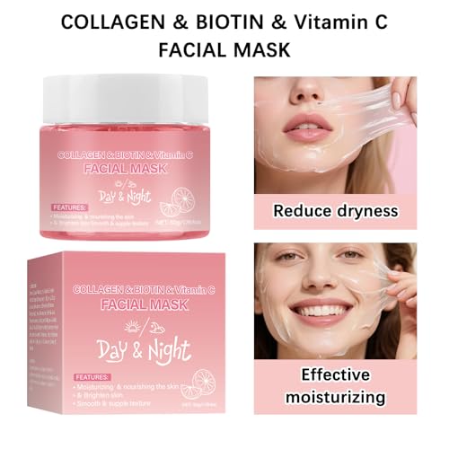 Peel Off Face Mask with Collagen, Biotin & Vitamin C – Hydrating Gel Mask for Dry or Dull Skin – Smooths Texture & Calms Redness – With Mini Spatula – 50g Jar (1PC)