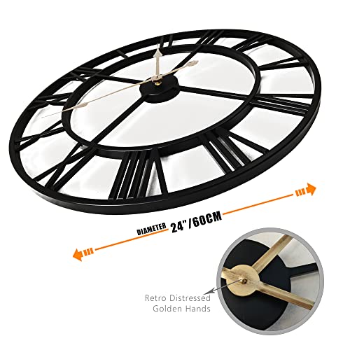 24 Inch Thicker Metal Large Wall Clock Home Decorative Industrial Clocks With Big Roman Numerals,Retro Oversized Clock For Living Room Decor,Battery Operated(Black-Roman) #TOP1