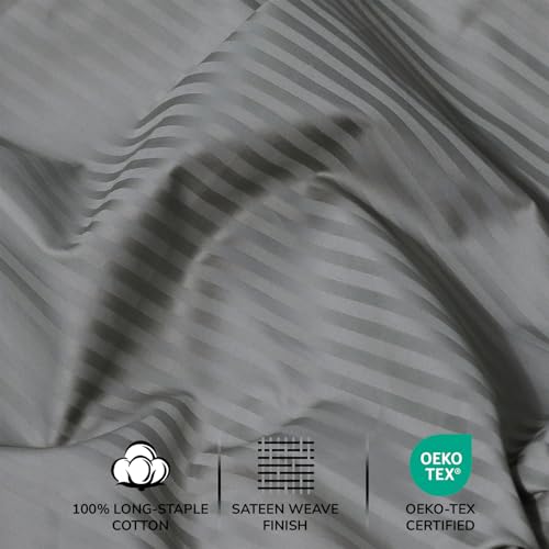 Image of Feather & Stitch 500 TC Split King Size Sheet Set, 5 piece Bed Sheets Set-2 Twin Fitted Sheet, 1 King Flat Sheet & 2 King Pillowcases, 18 inch Deep Pockets Sateen Weave Striped Bedsheet - (Grey Stripe)