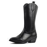 FAUSTO Women Flared Heel Boots, Black, 8 UK