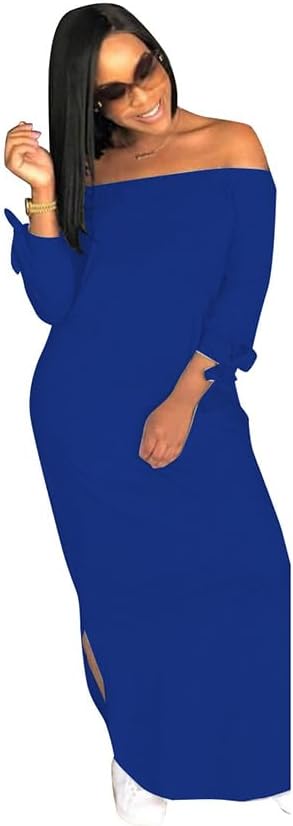 OLUOLIN Women's Casual Letter Print Off Shoulder Long Sleeve Bowknot Sides Slit Loose Long T-Shirt Maxi Dress - Image 2