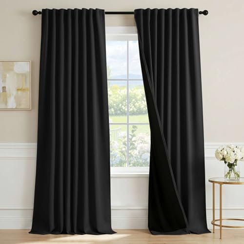 H.VERSAILTEX 100% Blackout Curtains 96 Inch Length 2 Panels Set for Living Room Bedroom Back Tab Pinch Pleated Thermal Insulated Room Darkening Light Blocking Curtains with Hooks Black