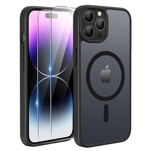TQIAHF Magnetic Phone Case for iPhone 14 Pro Max Case with 2 Tempered Glass Screen Protector Compatible with MagSafe Military Grade Translucent Matte Phone Cover for iPhone 14 Pro Max Black