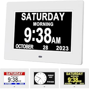 Hiseeyo Digitale wekker, 7 inch, met automatische helderheidsaanpassing, stille lcd-display met luchtvochtigheid en temperatuur, voor volwassenen en kinderen en de ziekte van Alzheimer