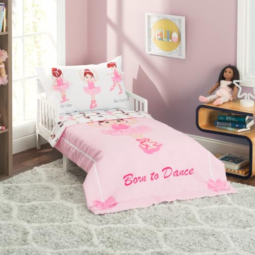 Image of EVERYDAY KIDS 4 Piece Toddler Bedding Set -Born to Dance Ballerina- Includes Comforter, Flat Sheet, Fitted Sheet and Reversible Pillowcase