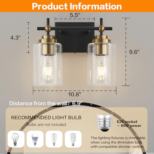Image of SOLFART Vanity Lights Bathroom Light Fixtures: 2-Light Black and Gold Vanity Lighting Fixtures Bathroom Lighting Fixtures Over Mirror Clear Glass Shades(Bulbs Not Included)