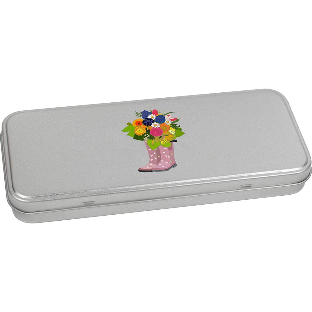 Azeeda 'Flowers In Wellies' Metal Hinged Stationery Tin/Storage Box (TT00146203)