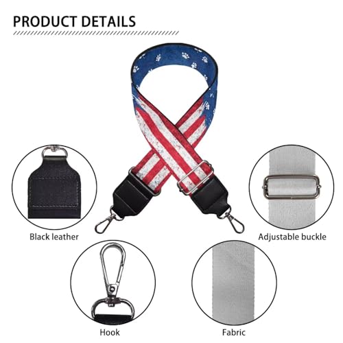 Image of Talayituse Dog Paw American Flag Print Shoulder Strap Wide Purse Bag Strap Adjustable Replacement Belt Luggage Crossbody Shoulder Bag Strap for Women Girls