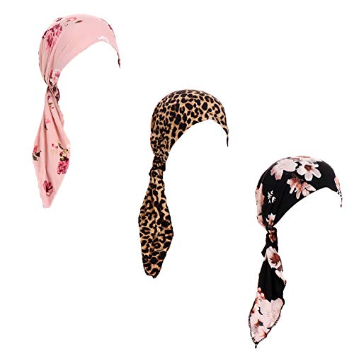 Qovelly Pre Tied Chemo Head Scarf 3 Packed Beanie Skull Cover Cap for Women (Set6-Long Style), L15-3 Packed, One size