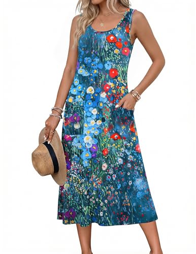 Image of Zeagoo Womens Summer Midi Dresses 2026 Casual Sleeveless Tank Sundresses A Line Crewneck Beach Vacation Dress with Pockets