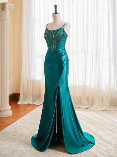 FreeBeauty Silk Satin Prom Dresses for Women 2025 Beaded Applique Spaghetti Straps Mermaid Formal Evening Gowns with Slit3