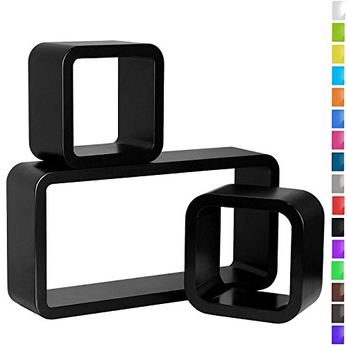 Delex® Elegant Design Set of 3 Cube Floating Shelves with Retro Design Wall Mounted Display Shelf Black