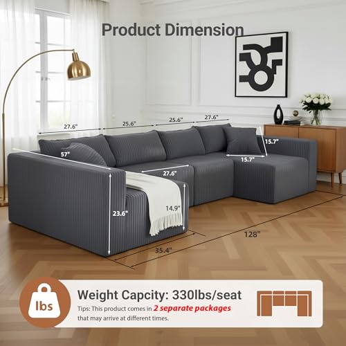 Image of Claiks 128 inch Modular U‑Shaped Boneless Cloud Couch, Deep Seat Sectional Sofa with Double Chaise, No Assembly Required, Modern Oversized Couches for Living Room, Dark Grey