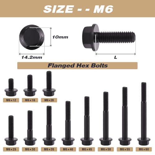 Image of M6-1.0 x 55mm (15 pcs) Flanged Hex Bolt Screws Black Oxide Finish, 10.9 Grade Alloy Steel, Large Flange Washer Head, DIN6921 /GB5789, Partial Thread
