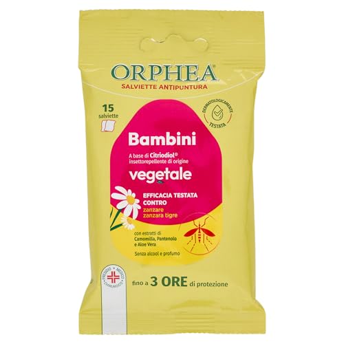 Orphea Salviette Antipuntura Bambini, Protegge dalle Punture di Zanzare e Altri Insetti, Senza Ammoniaca e Alcool, con Estratti Naturali, 15 Salviette