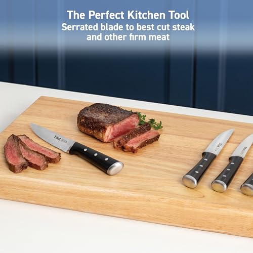 Image of T-Fal Ice Force German Stainless Steel Steak Knife Set 4 Piece, Long Lasting Sharpness, High Cutting Precision, Superior Durability, Ultra Sharp Blades, Cookware Kitchen Knife, Cook Tool, BBQ, Black