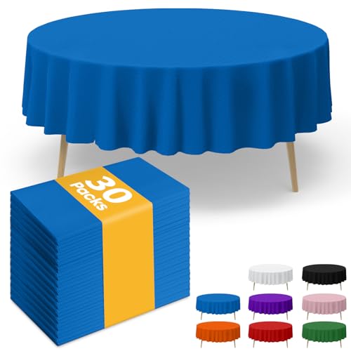 Niuara Blue Plastic Table Cloth - 30 Pack 84" Round Disposable Tablecloths for Round Tables, Waterproof Table Cover for Holiday Parties & Gatherings
