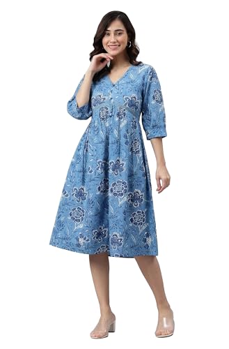 Image of Janasya Women's Cotton Solid Flared Dress