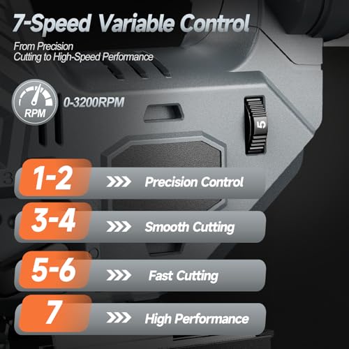 Cordless Jigsaw Compatible with DeWalt 20V Battery, Brushless Motor, 7-Speed Variable Control, 3200 RPM, 800W Power, 0–45° Bevel, LED Light, 6 Blades Included (Tool Only) - Thumbnail 7